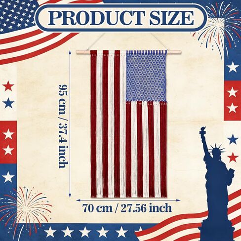 Moukeren Macrame American Flag Wall Hanging 4th of July Patriotic Woven Tapestry Vintage Boho Red White Blue Flag Decor for Independence Day 250th Anniversary Party Decoration, 2.3 x 4 ft in Kuwait