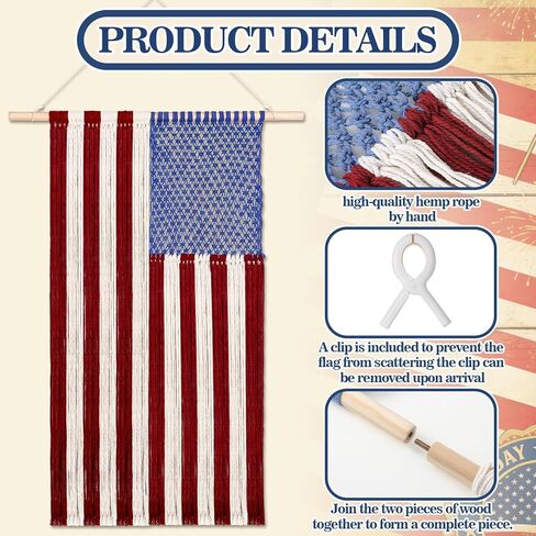 Moukeren Macrame American Flag Wall Hanging 4th of July Patriotic Woven Tapestry Vintage Boho Red White Blue Flag Decor for Independence Day 250th Anniversary Party Decoration, 2.3 x 4 ft in Kuwait