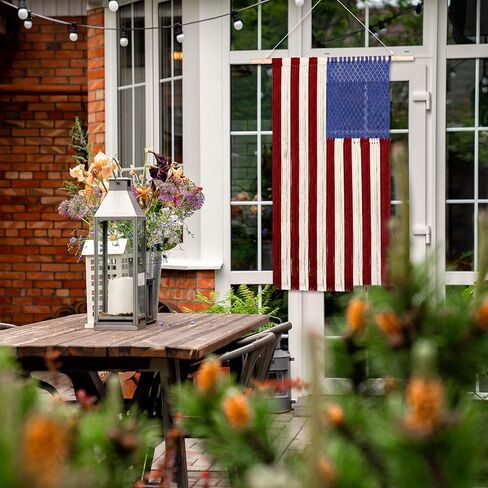 Moukeren Macrame American Flag Wall Hanging 4th of July Patriotic Woven Tapestry Vintage Boho Red White Blue Flag Decor for Independence Day 250th Anniversary Party Decoration, 2.3 x 4 ft in Kuwait