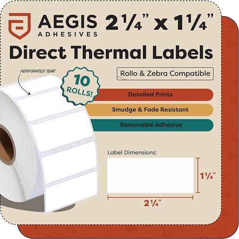 Aegis Adhesives - 2.25" X 1.25" Removable Direct Thermal Labels (12,000 Count, 12 Rolls) - Barcode Labels and SKU Labels for FNSKU and Retail Repricing - Compatible with Zebra and Rollo Printers in Kuwait