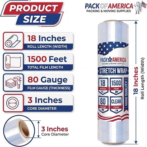Stretch Film - 2 Roll Clear, 18" x 1500 Feet, 80 Gauge (20 Micron) Industrial Heavy Duty Plastic Shrink Wrap with Hand Saver for Packing, Shipping, Pallet, Moving Supplies in Saudi Arabia