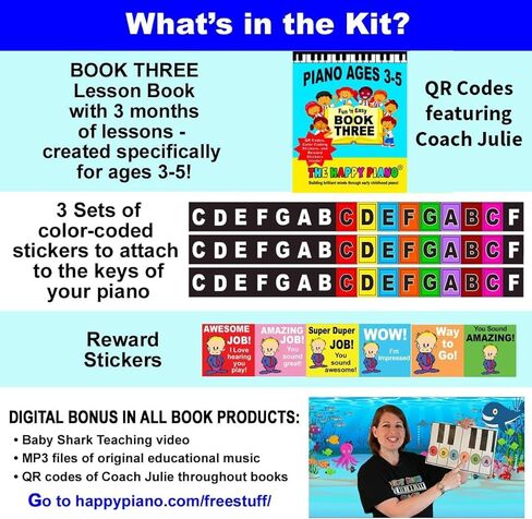 مجموعة كتاب HAPPY PIANO Preschoolers KIT Book 3 وملصقات لوحة المفاتيح الملونة. تستخدم في مرحلة ما قبل المدرسة في جميع أنحاء الولايات المتحدة الأمريكية! الأطفال الصغار الذين تتراوح أعمارهم بين 3-5. موسيقى للمبتدئين، رموز QR لتعليم الصوت والفيديو، 50 ألف طف in Kuwait