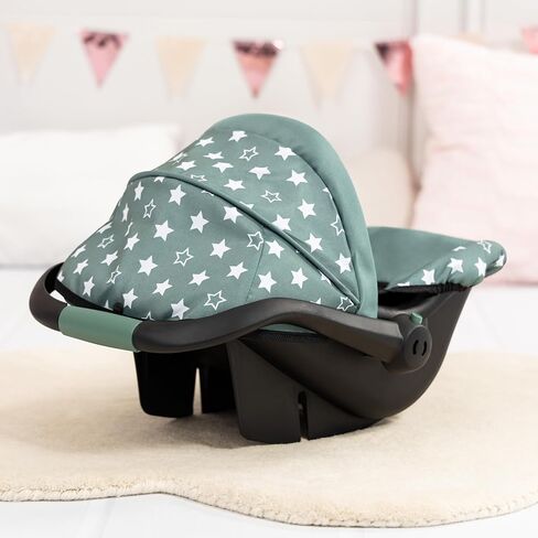 Bayer Design Reborn Baby Doll Car Seat with Sun Shade Canopy - Grey-Green Stars, Portable Doll Carseat for 18" Dolls in Kuwait