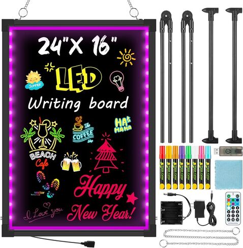 LED Menu Board, 24" x 16" LED Writing Board with Remote Control, Flashing Illuminated Neon Effect Sign Board for Menu - Includes 8 Fluorescent Chalk Markers & Eraser for Restaurant, Bar, Shop, Cafe in Kuwait