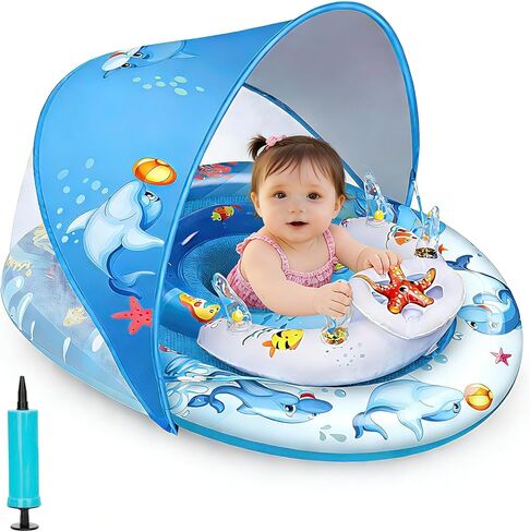 Baby Pool Float with Canopy,UPF50+ Sun Protection, Anti-Flip Double Air Chambers,Infants & Toddlers Swimming Water Float with Safety Seat, 2-in-1 Backstroke& Breaststroke, Suitable for 3-36 Months in Kuwait