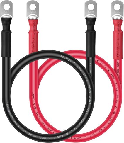 كابل بطارية iGreely 2 AWG 2 سلك قياس مصنوع من سلك نحاسي OFC كابلات عاكس طاقة البطارية مع أطراف عروة 5/16 بوصة لحام الألواح الشمسية للسيارات والدراجات النارية RV البحرية 1 قدم/30 سم in Kuwait