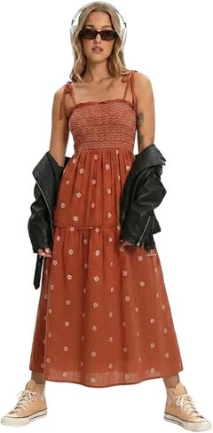 Women Floral Embroidered Maxi Dress Boho Sleeveless Tie Strap Shoulder Dresses Smocked Summer Sundress with Pockets in Saudi Arabia