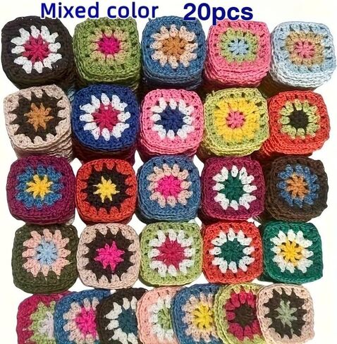 20 pcs Bulk Crochet Squares Kit - Multicolor Chunky Yarn Craft Set with Complete Granny Squares for Blankets, All-Skill Handmade Crochet Flowers & Squares for Women & Croeters (Beginners/Experts in Kuwait