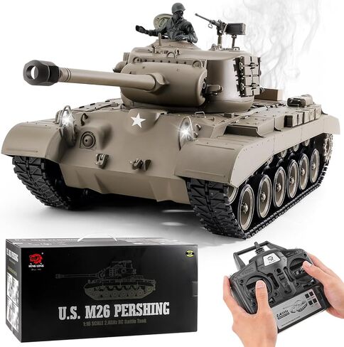 BESTYMXY خزان التحكم عن بعد، Henglong US M26 Pershing Heavy Tank، 1/16 2.4 جيجا هرتز RC الدبابات التي تطلق النار، نموذج مركبات RC مع الصوت والضوء للأعمار من 14 عامًا فما فوق in Kuwait
