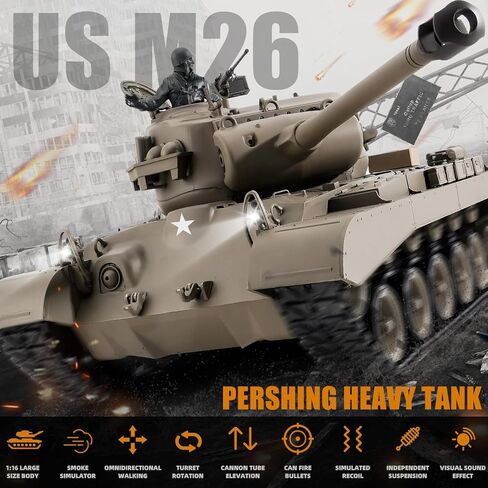 BESTYMXY خزان التحكم عن بعد، Henglong US M26 Pershing Heavy Tank، 1/16 2.4 جيجا هرتز RC الدبابات التي تطلق النار، نموذج مركبات RC مع الصوت والضوء للأعمار من 14 عامًا فما فوق in Kuwait