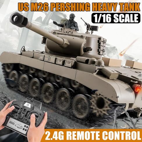 BESTYMXY خزان التحكم عن بعد، Henglong US M26 Pershing Heavy Tank، 1/16 2.4 جيجا هرتز RC الدبابات التي تطلق النار، نموذج مركبات RC مع الصوت والضوء للأعمار من 14 عامًا فما فوق in Kuwait
