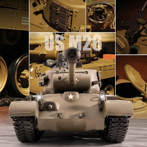 BESTYMXY خزان التحكم عن بعد، Henglong US M26 Pershing Heavy Tank، 1/16 2.4 جيجا هرتز RC الدبابات التي تطلق النار، نموذج مركبات RC مع الصوت والضوء للأعمار من 14 عامًا فما فوق in Kuwait