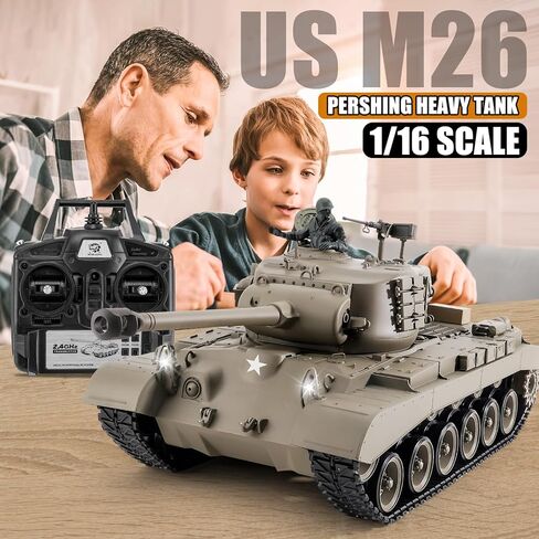 BESTYMXY خزان التحكم عن بعد، Henglong US M26 Pershing Heavy Tank، 1/16 2.4 جيجا هرتز RC الدبابات التي تطلق النار، نموذج مركبات RC مع الصوت والضوء للأعمار من 14 عامًا فما فوق in Kuwait