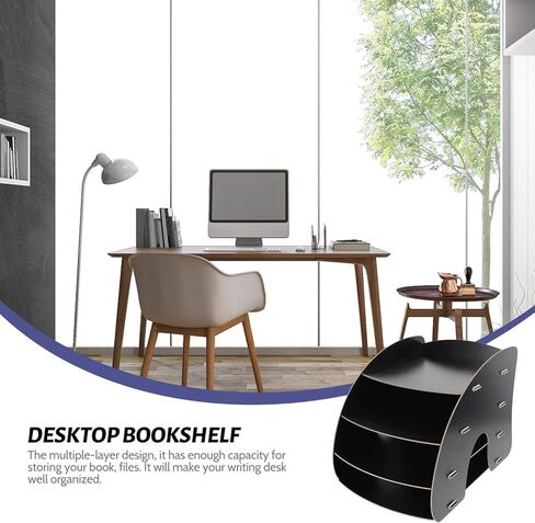 Wooden File Rack A4 Desktop Storage Shelf Arc-Shaped Office Storage Organizer Black for Documents and Paper Files in Kuwait