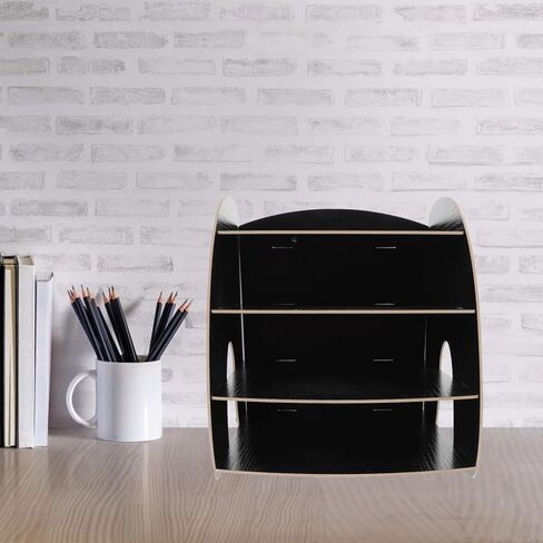 Wooden File Rack A4 Desktop Storage Shelf Arc-Shaped Office Storage Organizer Black for Documents and Paper Files in Kuwait