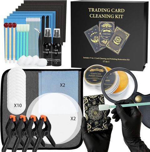 Card Care Clean Kit,17-in-1 Card Cleaning and Polishing Restoration Kit, Trading Card Cleaning Box with Cleaning Spray and Balck Nitrile Gloves, Suitable for Surface Card Care&Flatten Edges, 7.2″ in Kuwait