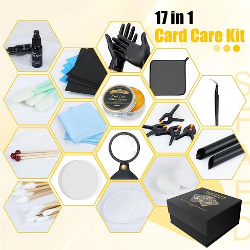 Card Care Clean Kit,17-in-1 Card Cleaning and Polishing Restoration Kit, Trading Card Cleaning Box with Cleaning Spray and Balck Nitrile Gloves, Suitable for Surface Card Care&Flatten Edges, 7.2″ in Kuwait