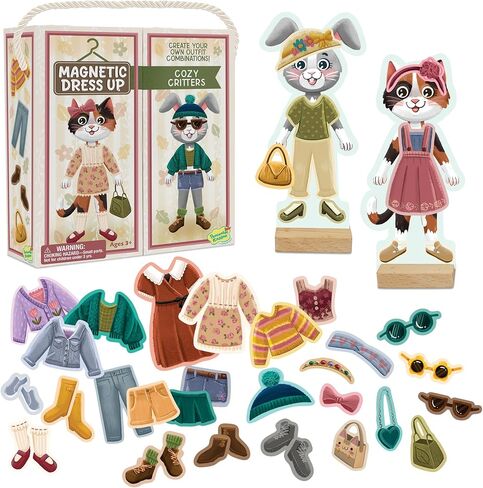 Peaceable Kingdom Magnetic Dress Up: Cozy Critters Playset, 56-Piece Magnetic Dress Up Set with Bunny & Kitty Dolls, Wardrobe Case with Clothing Rod & Hangers, Pretend Play Toy for Kids Ages 3+ in Kuwait