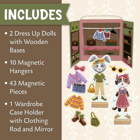 Peaceable Kingdom Magnetic Dress Up: Cozy Critters Playset, 56-Piece Magnetic Dress Up Set with Bunny & Kitty Dolls, Wardrobe Case with Clothing Rod & Hangers, Pretend Play Toy for Kids Ages 3+ in Kuwait