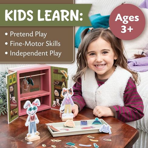 Peaceable Kingdom Magnetic Dress Up: Cozy Critters Playset, 56-Piece Magnetic Dress Up Set with Bunny & Kitty Dolls, Wardrobe Case with Clothing Rod & Hangers, Pretend Play Toy for Kids Ages 3+ in Kuwait