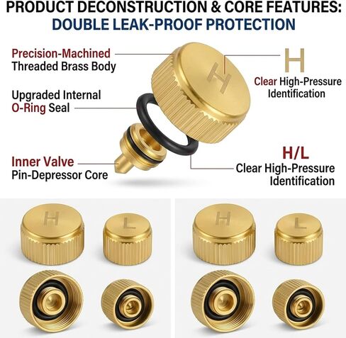 Brass A/C Valve Caps for R134a Systems, Durable Heavy-Duty High and Low Side Port Covers with Sealing O-Rings, Compatible with Standard Automotive Air Conditioning Service Ports, Set of 2 in Kuwait