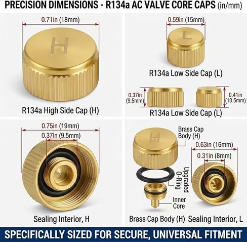 Brass A/C Valve Caps for R134a Systems, Durable Heavy-Duty High and Low Side Port Covers with Sealing O-Rings, Compatible with Standard Automotive Air Conditioning Service Ports, Set of 2 in Kuwait