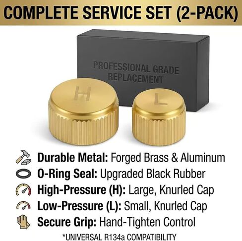 Brass A/C Valve Caps for R134a Systems, Durable Heavy-Duty High and Low Side Port Covers with Sealing O-Rings, Compatible with Standard Automotive Air Conditioning Service Ports, Set of 2 in Kuwait