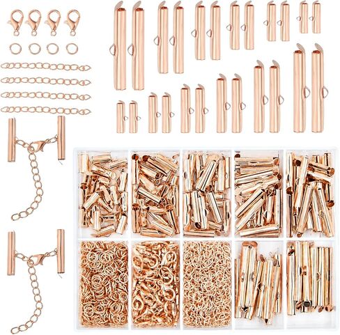 JOJOPLAY All Size Slider Clasp for Beading Slide Tube Cord Ends with Open Jump Rings Lobster Clasp Chain Extender Jewelry Finding Kit Bead Loom End Bar for Jewelry Making (Rose Gold) in Kuwait