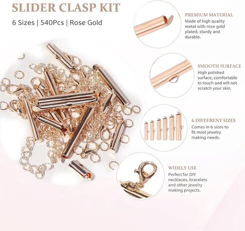 JOJOPLAY All Size Slider Clasp for Beading Slide Tube Cord Ends with Open Jump Rings Lobster Clasp Chain Extender Jewelry Finding Kit Bead Loom End Bar for Jewelry Making (Rose Gold) in Kuwait