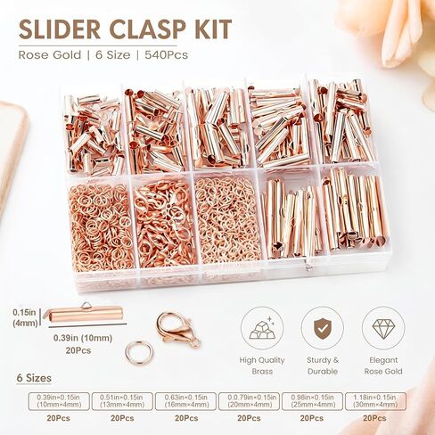JOJOPLAY All Size Slider Clasp for Beading Slide Tube Cord Ends with Open Jump Rings Lobster Clasp Chain Extender Jewelry Finding Kit Bead Loom End Bar for Jewelry Making (Rose Gold) in Kuwait