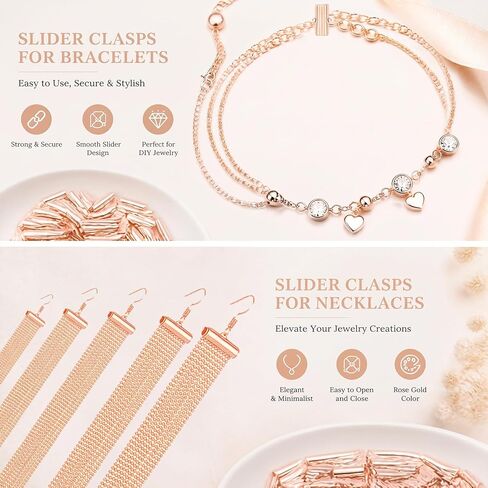 JOJOPLAY All Size Slider Clasp for Beading Slide Tube Cord Ends with Open Jump Rings Lobster Clasp Chain Extender Jewelry Finding Kit Bead Loom End Bar for Jewelry Making (Rose Gold) in Kuwait
