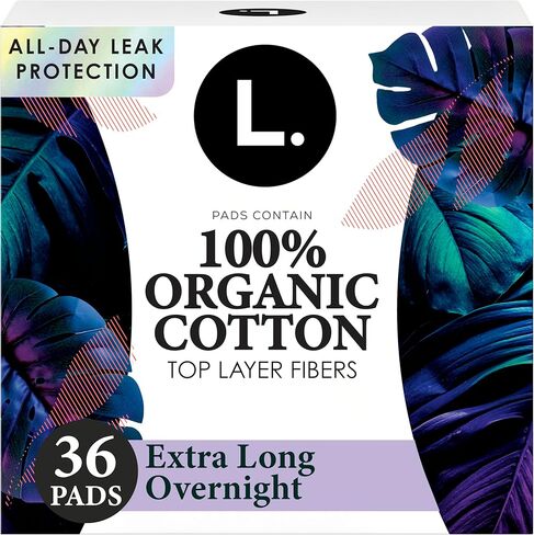 L. Ultra Thin Pads for Women, Organic Cotton Top Layer, Overnight Absorbency, Menstrual Pads with Wings, Made Without Synthetic Pesticides and Fragrances, 36 Count in Saudi Arabia