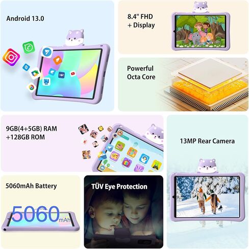 أحدث جهاز لوحي Android 13 لعام 2024 مع معالج ثماني النواة، جهاز لوحي للأطفال مقاس 8.4 بوصة مع ذاكرة وصول عشوائي سعتها 9 جيجابايت وذاكرة قراءة فقط 128 جيجابايت، واي فاي 6، BT5.0، 5060 مللي أمبير في الساعة، مراقبة أبوية، كاميرا مزدوجة 13 ميجابكسل، أرجواني،  in Kuwait