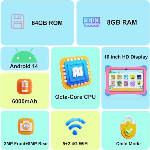 تابلت Fivahiva للأطفال مقاس 10 بوصة بنظام Android 14 مع حافظة للأطفال من سن 3 إلى 12 عامًا، ثماني النواة، 64 جيجابايت (توسيع 512 جيجابايت)، WiFi 6، أدوات الرقابة الأبوية، مساحة Google للأطفال، هدية رائعة للأطفال الصغار (وردي) in Kuwait