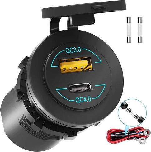 منفذ USB 12 فولت - 90 وات (كحد أقصى) منافذ مزدوجة QC4.0 PD ومقبس شاحن سيارة سريع الشحن 3.0 مع مؤشر LED - منفذ USB C مقاوم للماء للسيارة والقوارب البحرية والدراجات النارية RV والشاحنات ATV وعربة الجولف in Kuwait