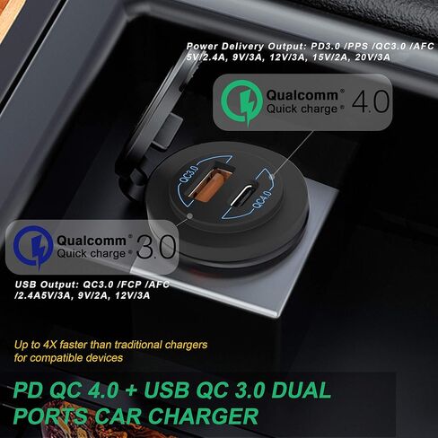 منفذ USB 12 فولت - 90 وات (كحد أقصى) منافذ مزدوجة QC4.0 PD ومقبس شاحن سيارة سريع الشحن 3.0 مع مؤشر LED - منفذ USB C مقاوم للماء للسيارة والقوارب البحرية والدراجات النارية RV والشاحنات ATV وعربة الجولف in Kuwait