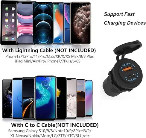 منفذ USB 12 فولت - 90 وات (كحد أقصى) منافذ مزدوجة QC4.0 PD ومقبس شاحن سيارة سريع الشحن 3.0 مع مؤشر LED - منفذ USB C مقاوم للماء للسيارة والقوارب البحرية والدراجات النارية RV والشاحنات ATV وعربة الجولف in Kuwait