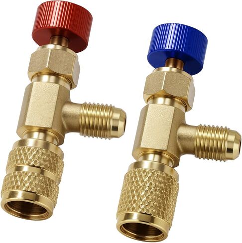 Refrigerant Charging Valve Set for R410A R22 R12, 2Pcs HVAC Low Loss Fittings with Safety Adapter Flow Control Ball Valve, Brass AC Manifold Gauge Hose Tools Prevent Frostbite during Maintenance in Kuwait