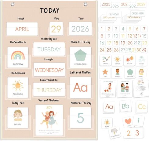 ALSLEA All About Today Calendar and Weather Pocket Chart, 21½" x 14¼" Small Boho Calendar for Kids, Preschool Circle Time Learning Center Toddler Learning Activities Chart, Homeschool Teacher Essentials 155 Cards in Kuwait