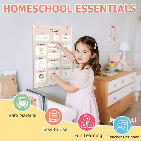 ALSLEA All About Today Calendar and Weather Pocket Chart, 21½" x 14¼" Small Boho Calendar for Kids, Preschool Circle Time Learning Center Toddler Learning Activities Chart, Homeschool Teacher Essentials 155 Cards in Kuwait