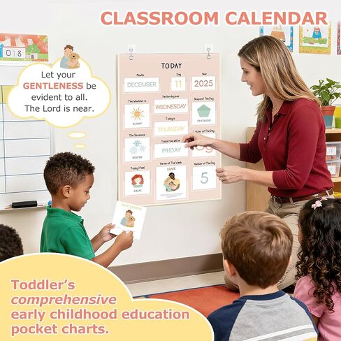 ALSLEA All About Today Calendar and Weather Pocket Chart, 21½" x 14¼" Small Boho Calendar for Kids, Preschool Circle Time Learning Center Toddler Learning Activities Chart, Homeschool Teacher Essentials 155 Cards in Kuwait
