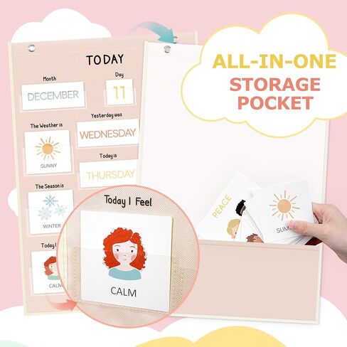 ALSLEA All About Today Calendar and Weather Pocket Chart, 21½" x 14¼" Small Boho Calendar for Kids, Preschool Circle Time Learning Center Toddler Learning Activities Chart, Homeschool Teacher Essentials 155 Cards in Kuwait