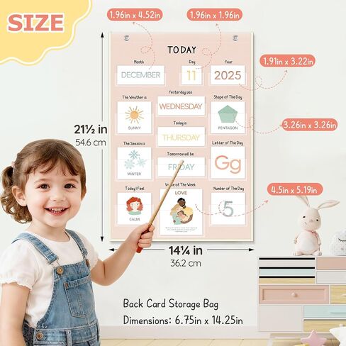 ALSLEA All About Today Calendar and Weather Pocket Chart, 21½" x 14¼" Small Boho Calendar for Kids, Preschool Circle Time Learning Center Toddler Learning Activities Chart, Homeschool Teacher Essentials 155 Cards in Kuwait