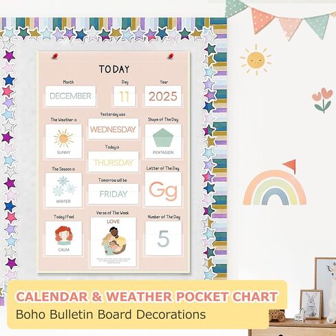 ALSLEA All About Today Calendar and Weather Pocket Chart, 21½" x 14¼" Small Boho Calendar for Kids, Preschool Circle Time Learning Center Toddler Learning Activities Chart, Homeschool Teacher Essentials 155 Cards in Kuwait
