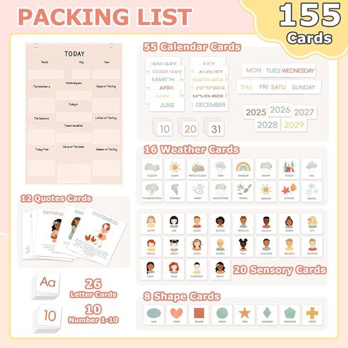 ALSLEA All About Today Calendar and Weather Pocket Chart, 21½" x 14¼" Small Boho Calendar for Kids, Preschool Circle Time Learning Center Toddler Learning Activities Chart, Homeschool Teacher Essentials 155 Cards in Kuwait
