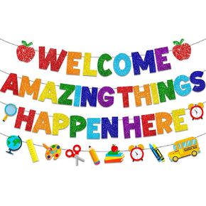 Welcome Amazing Things Happen Here Banner,Welcome Back Banner School Decorations Welcome School Sign for Back to School Classrooms Decor in Saudi Arabia