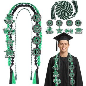2026 أسود أخضر التخرج Leis Honor Cords مع شرابة ودبوس، فئة من 2026 Grad التطريز بقع لوازم الحفلات للتخرج من المدرسة الثانوية in Kuwait