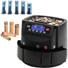 Coin Counter 270 Coins/Min 300-Coin Capacity, USD Coin Sorter and Wrapper Machine with LCD Display, Automatic Change Counter for 1¢ 5¢ 10¢ 25¢ $1, Includes 5 Coin Bins, 5 Tubes & 5 Wrappers in Saudi Arabia