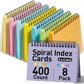 Koogel 400PCS Index Cards, 4x6 Large Index Cards with Key Rings for School, Flashcards Heavy Note Card with Waterproof Covers for Studying Learning College Office Home Supplies, 8 Colors in Kuwait