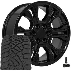OE Wheels CV65 20 Inch Rims and Tires Fit Silverado 1500 ZR2 Style 6x139.7 20x9 Gloss Black - Hollander 14089 - TerraMax RT 275/55-20 (Set of 4) in Kuwait